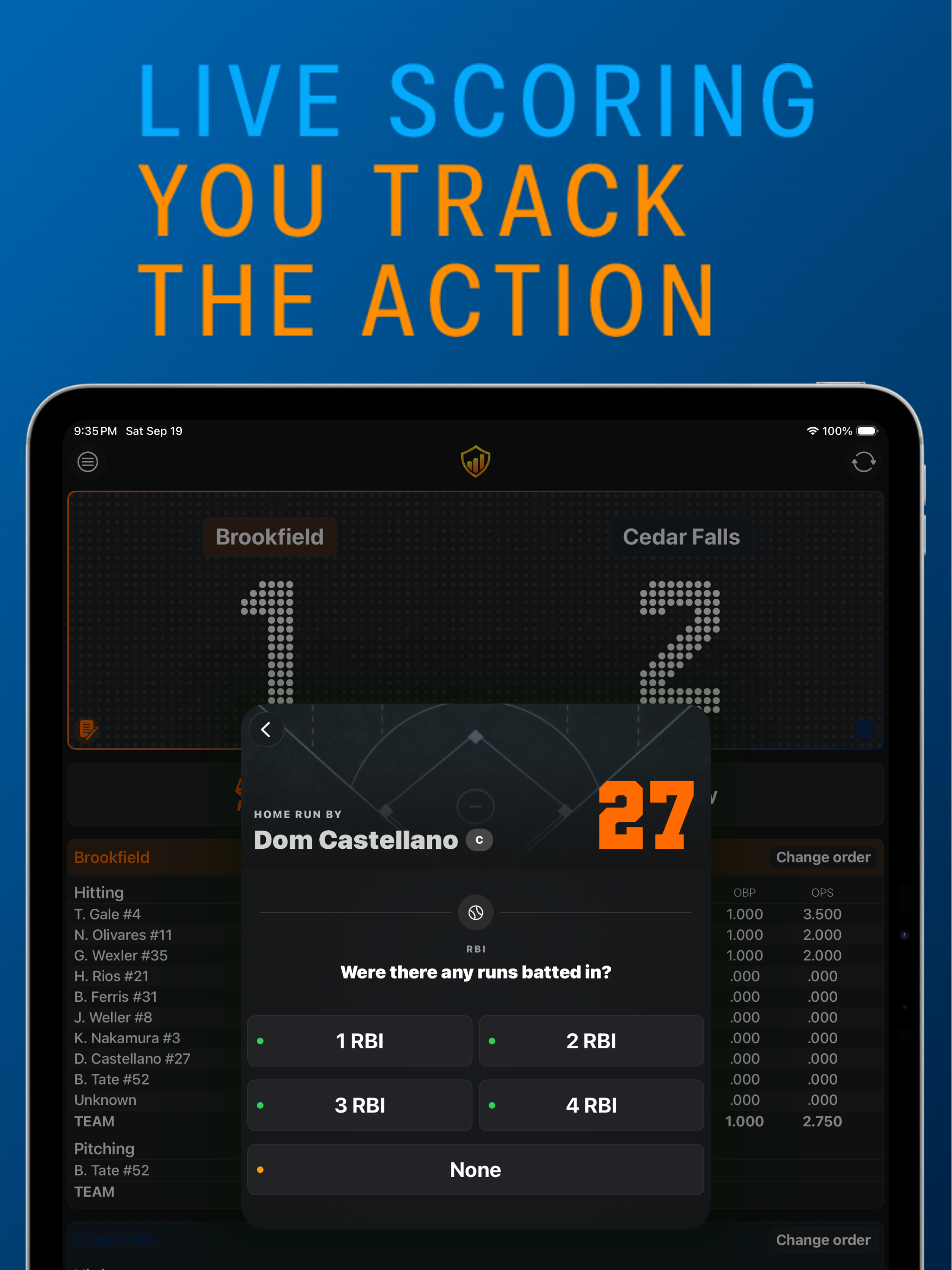 Stats Hero live scoring prompt during a baseball game
