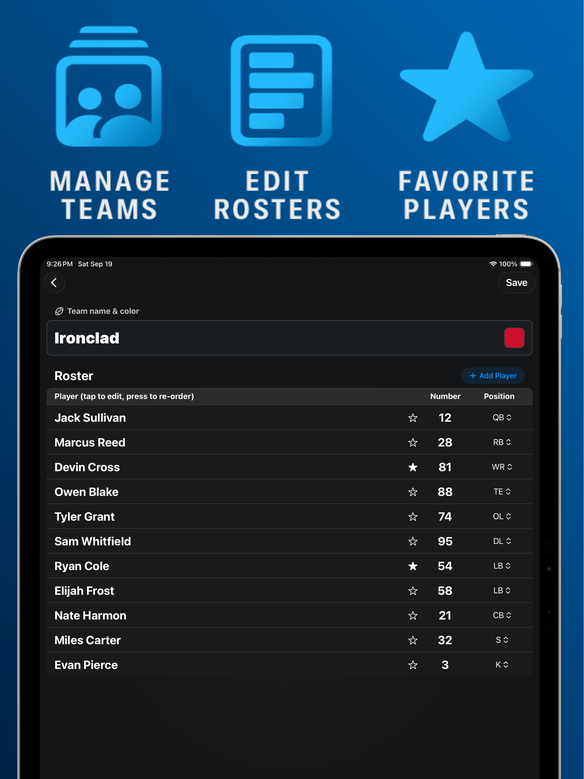 Stats Hero team roster editor with numbers and positions
