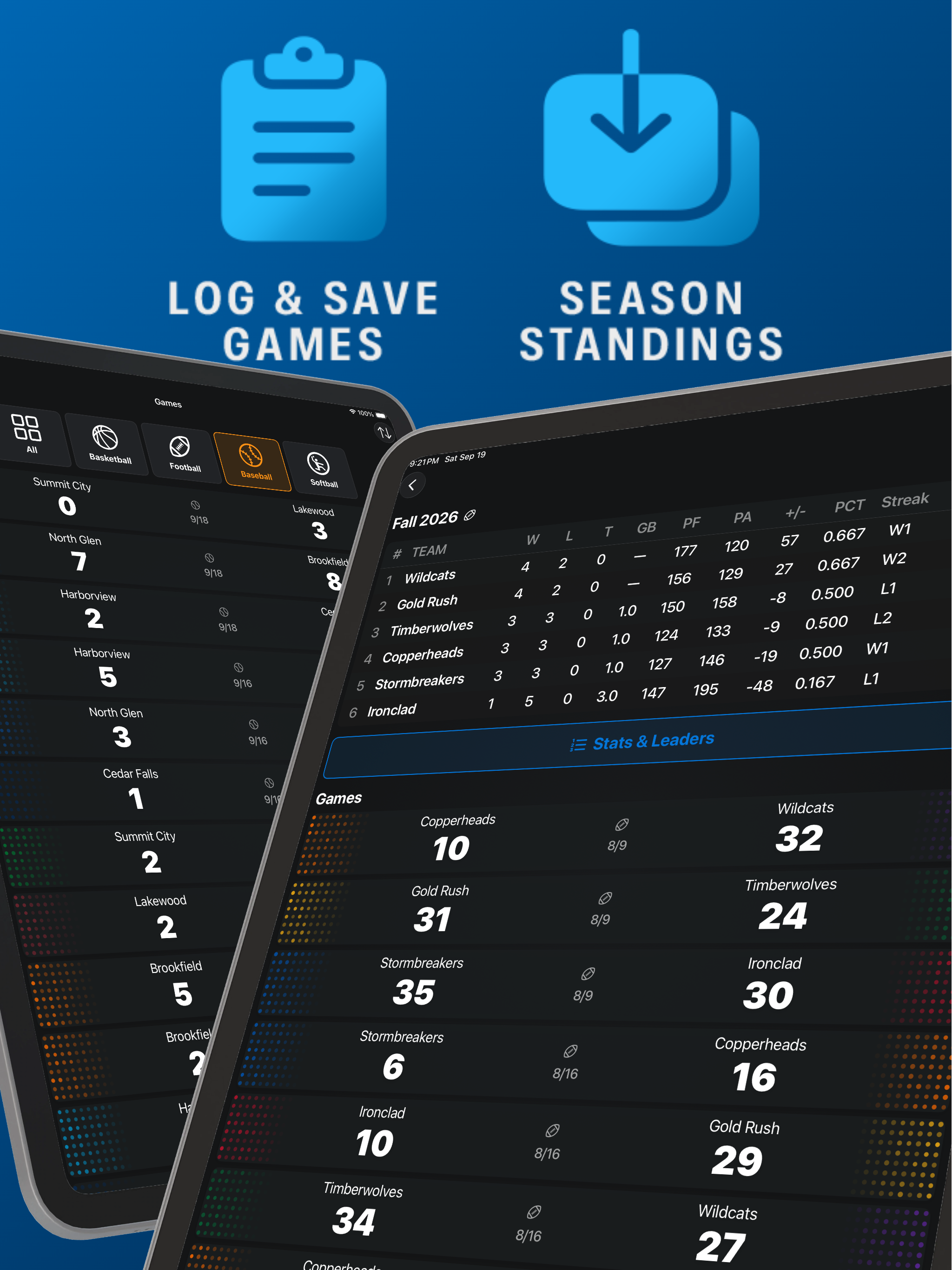 Stats Hero season standings and saved games