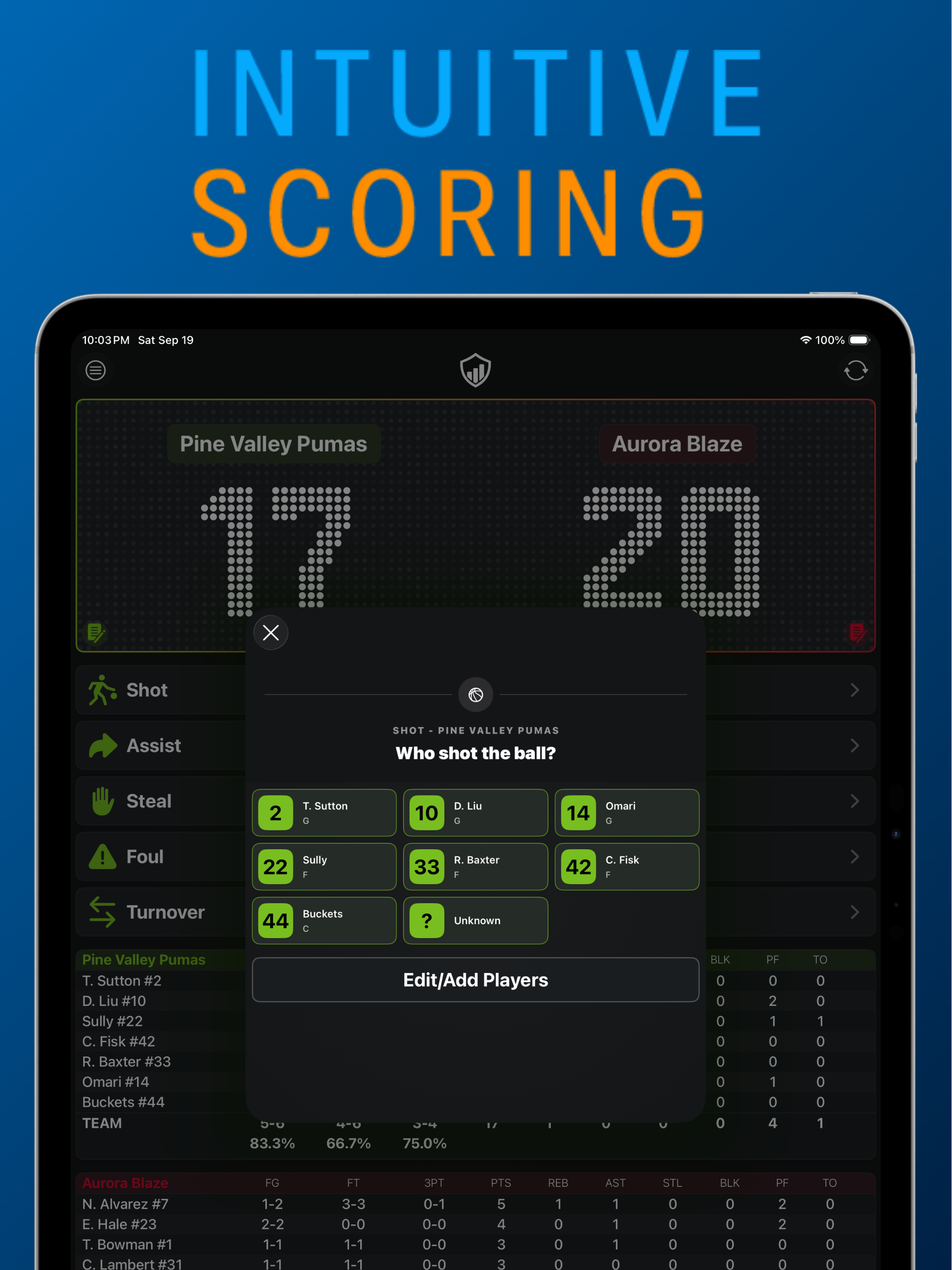Stats Hero basketball scoring with player picker